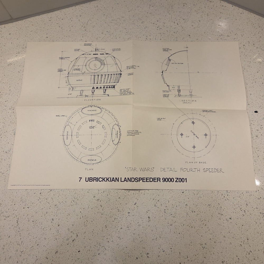 1977 Star Wars 7 Ubrickkian Landspeeder blueprint, vintage Memorabilia Poster